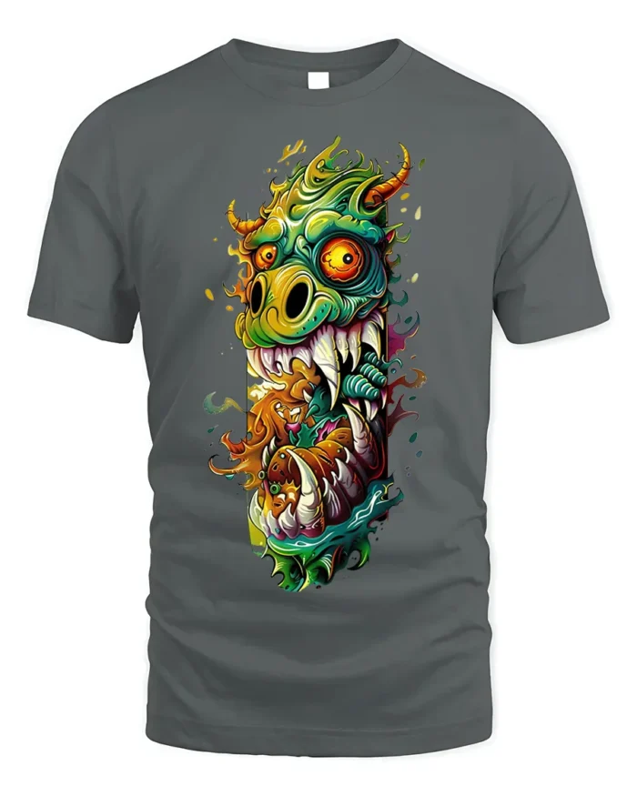Psychedelic Monster Dragon Fiery Art Graphic T-shirt - gray t-shirt on white background
