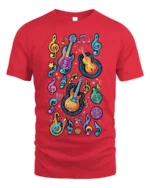 Colorful Neon Guitar Music Notes Graphic T-shirt - red t-shirt on white background