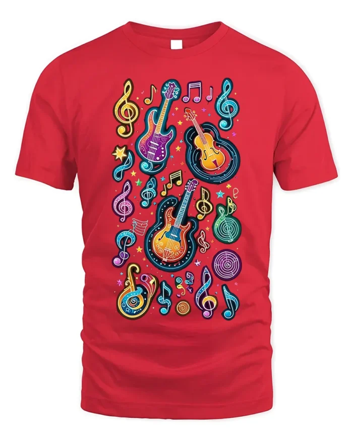 Colorful Neon Guitar Music Notes Graphic T-shirt - red t-shirt on white background