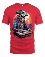 Pirate Skeleton DJ Keyboard Sunset Graphic T-shirt - red t-shirt on white background