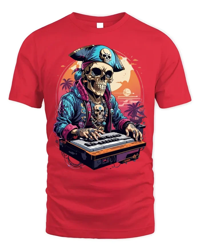 Pirate Skeleton DJ Keyboard Sunset Graphic T-shirt - red t-shirt on white background