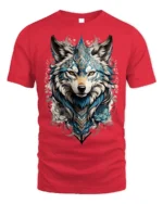 Tribal Blue Wolf Head Floral Spirit Graphic T-shirt - red t-shirt on white background