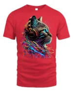Neon Cat Headphones Music Lover Graphic T-shirt - red t-shirt on white background