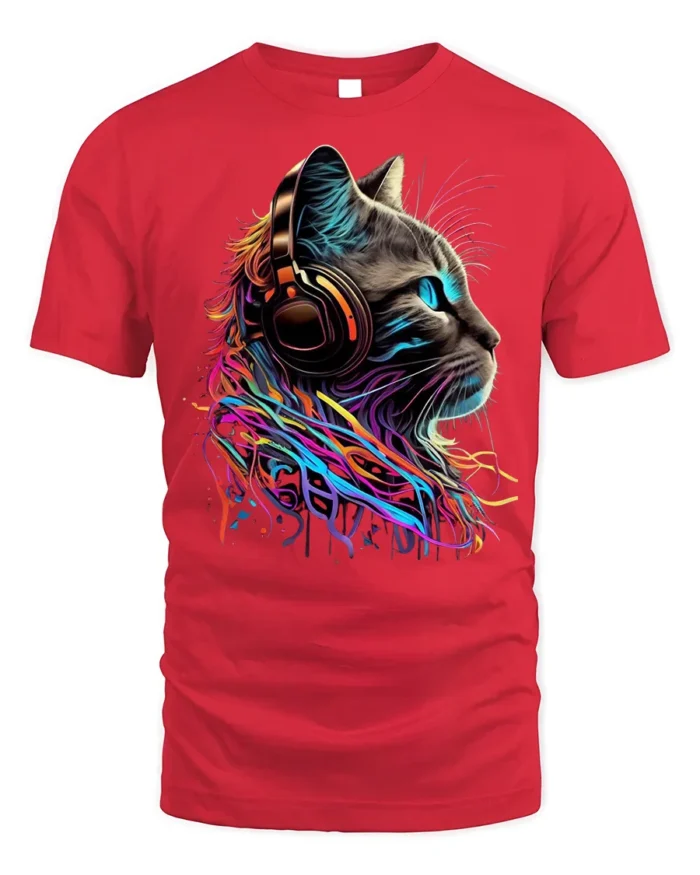 Neon Cat Headphones Music Lover Graphic T-shirt - red t-shirt on white background