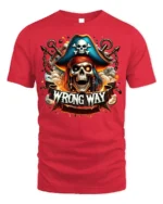Pirate Skull Wrong Way Fiery Chains Graphic T-shirt - red t-shirt on white background