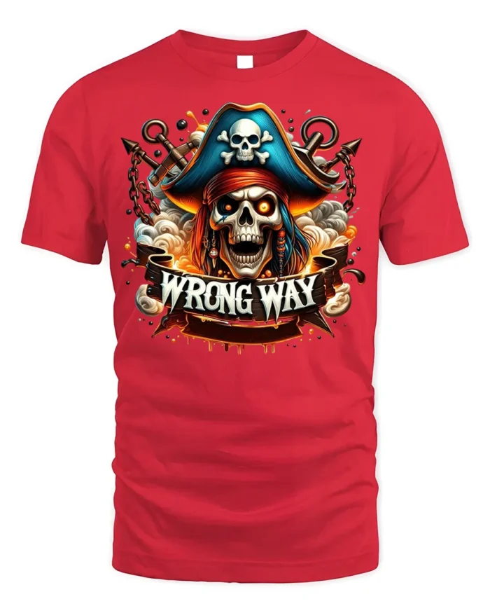 Pirate Skull Wrong Way Fiery Chains Graphic T-shirt - red t-shirt on white background