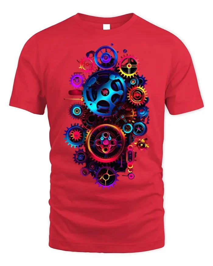 Colorful Steampunk Gears Mechanical Art T-shirt - red t-shirt on white background