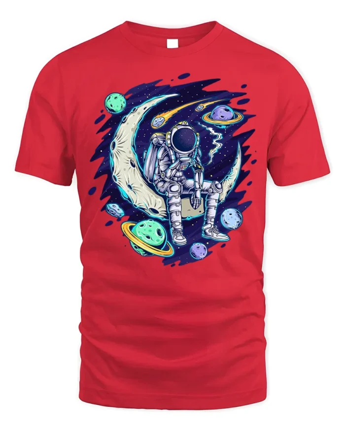 Astronaut Sitting on Moon Space Planets T-shirt - red t-shirt on white background