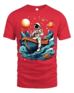 Astronaut Rowing Boat Space Adventure Graphic T-shirt - red t-shirt on white background