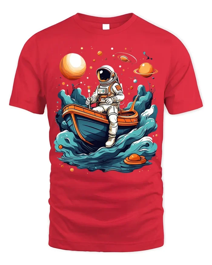 Astronaut Rowing Boat Space Adventure Graphic T-shirt - red t-shirt on white background