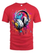 Colorful Headphones Music Splash Graphic T-shirt - red t-shirt on white background