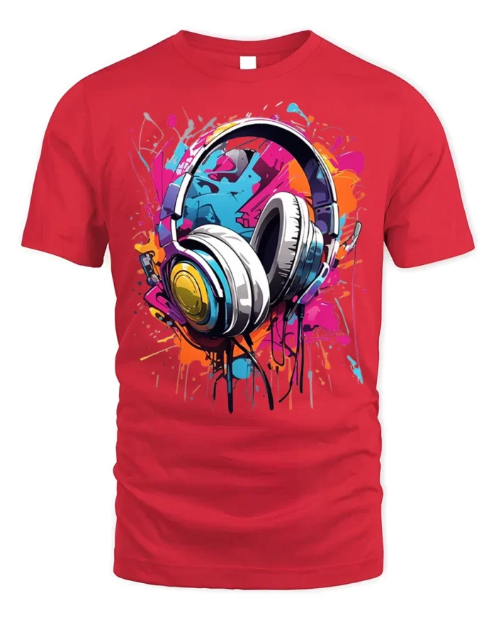 Colorful Headphones Music Splash Graphic T-shirt - red t-shirt on white background