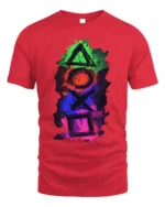Colorful Gamer Controller Symbols Graphic T-shirt - red t-shirt on white background