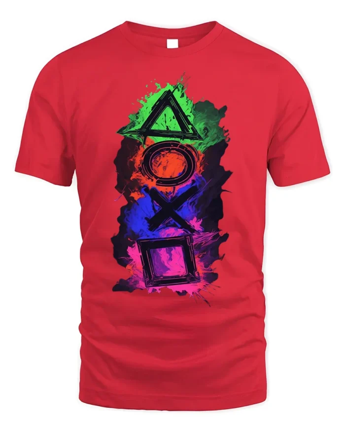 Colorful Gamer Controller Symbols Graphic T-shirt - red t-shirt on white background