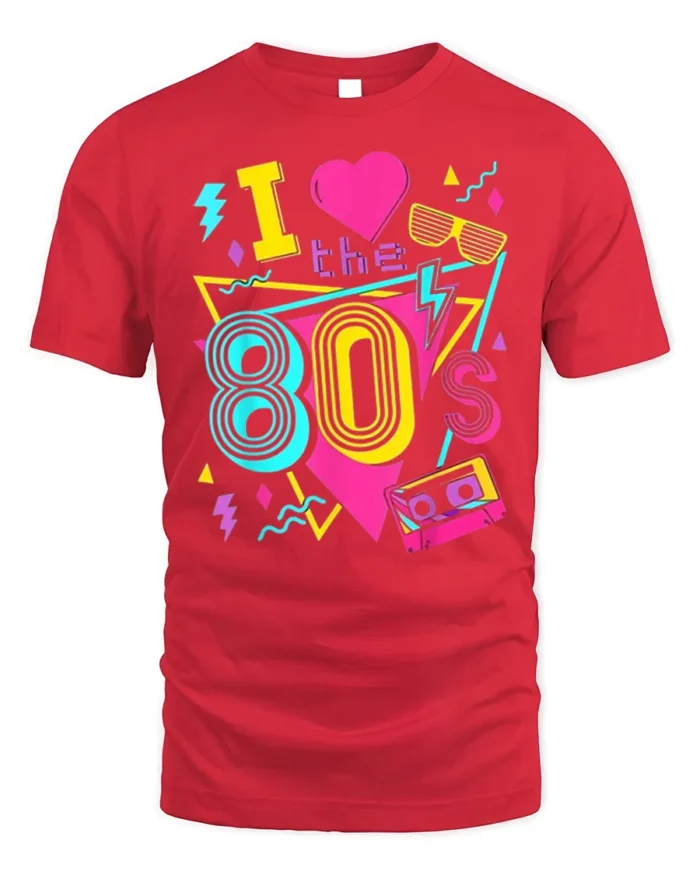 Retro I Love The 80s Neon Cassette Graphic T-shirt - red t-shirt on white background