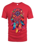 Colorful Dreamcatcher Feathers Floral Graphic T-shirt - red t-shirt on white background