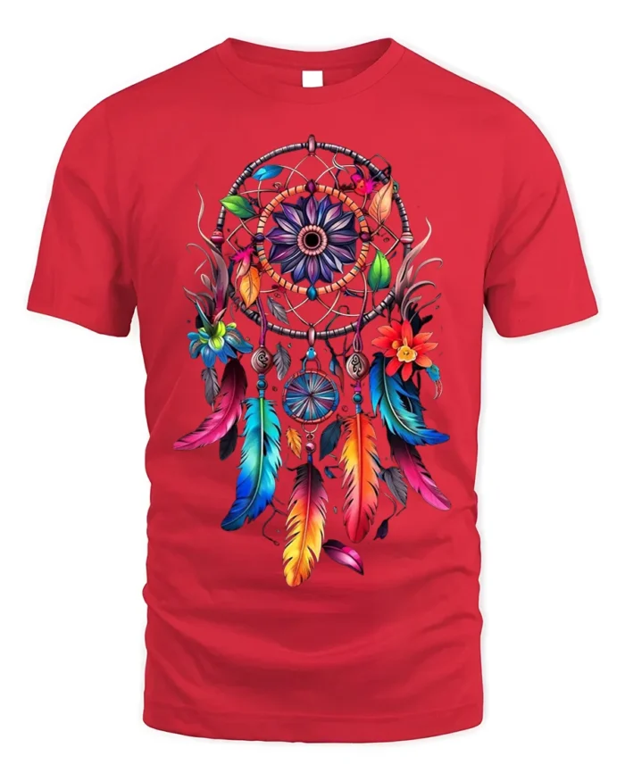 Colorful Dreamcatcher Feathers Floral Graphic T-shirt - red t-shirt on white background