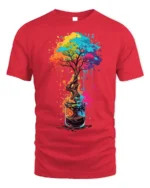 Colorful Coffee Cup Tree Splash Art Graphic T-shirt - red t-shirt on white background