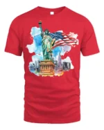 Statue of Liberty NYC Skyline American Flag T-shirt - red t-shirt on white background