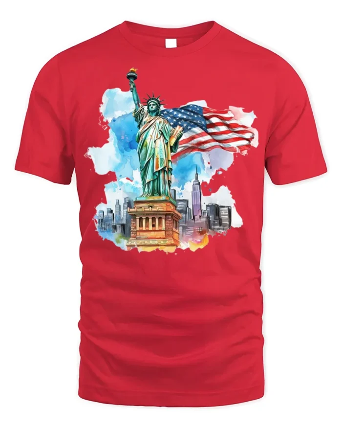 Statue of Liberty NYC Skyline American Flag T-shirt - red t-shirt on white background