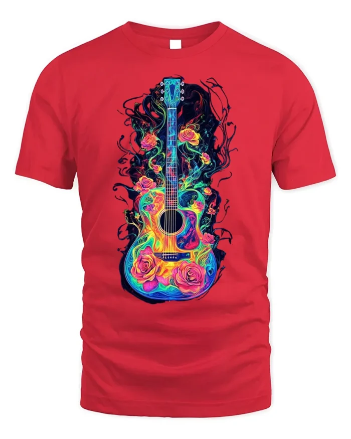 Colorful Guitar with Roses Artistic Music T-shirt - red t-shirt on white background