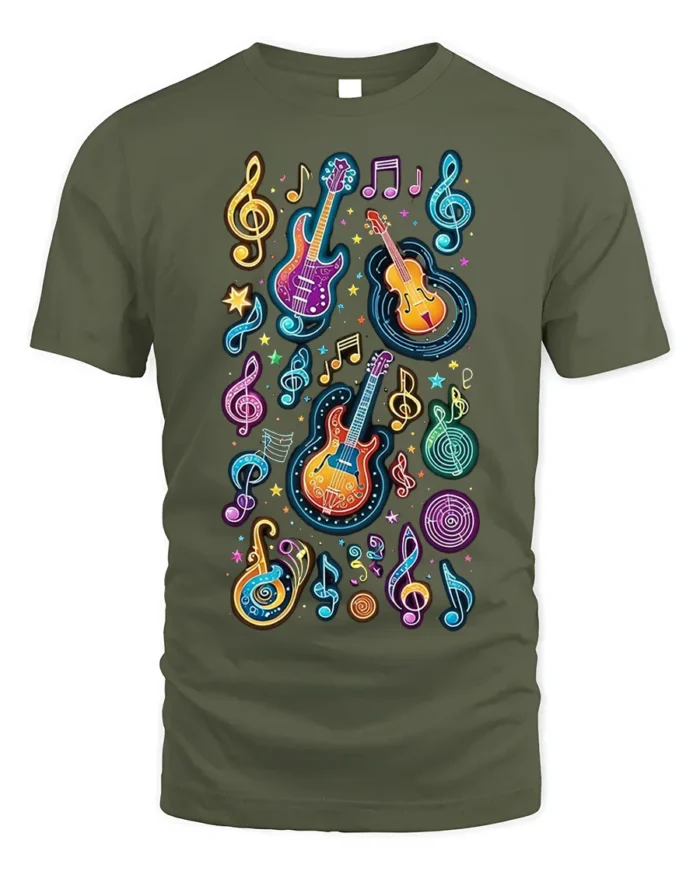 Colorful Neon Guitar Music Notes Graphic T-shirt - military green t-shirt on white background