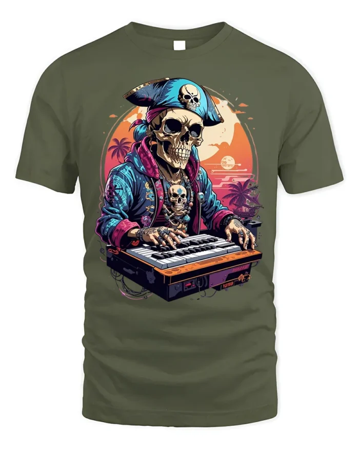 Pirate Skeleton DJ Keyboard Sunset Graphic T-shirt - military green t-shirt on white background
