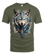 Tribal Blue Wolf Head Floral Spirit Graphic T-shirt - military green t-shirt on white background