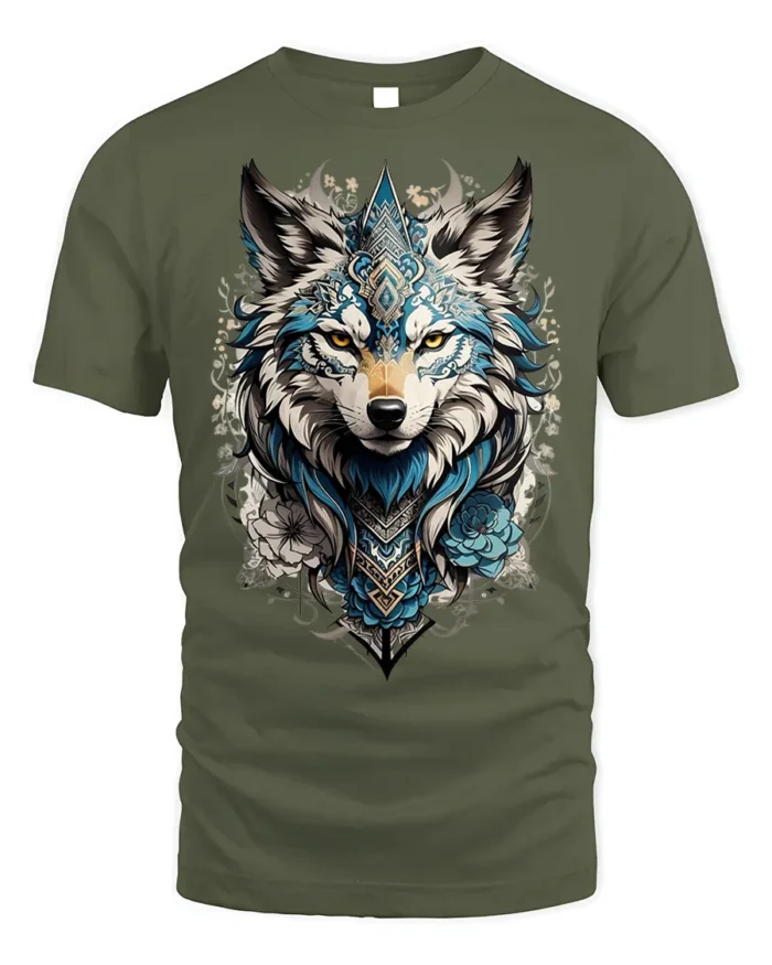 Tribal Blue Wolf Head Floral Spirit Graphic T-shirt - military green t-shirt on white background