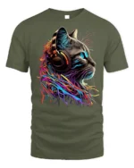Neon Cat Headphones Music Lover Graphic T-shirt - military green t-shirt on white background