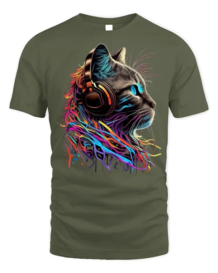 Neon Cat Headphones Music Lover Graphic T-shirt - military green t-shirt on white background