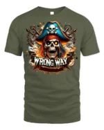 Pirate Skull Wrong Way Fiery Chains Graphic T-shirt - military green t-shirt on white background