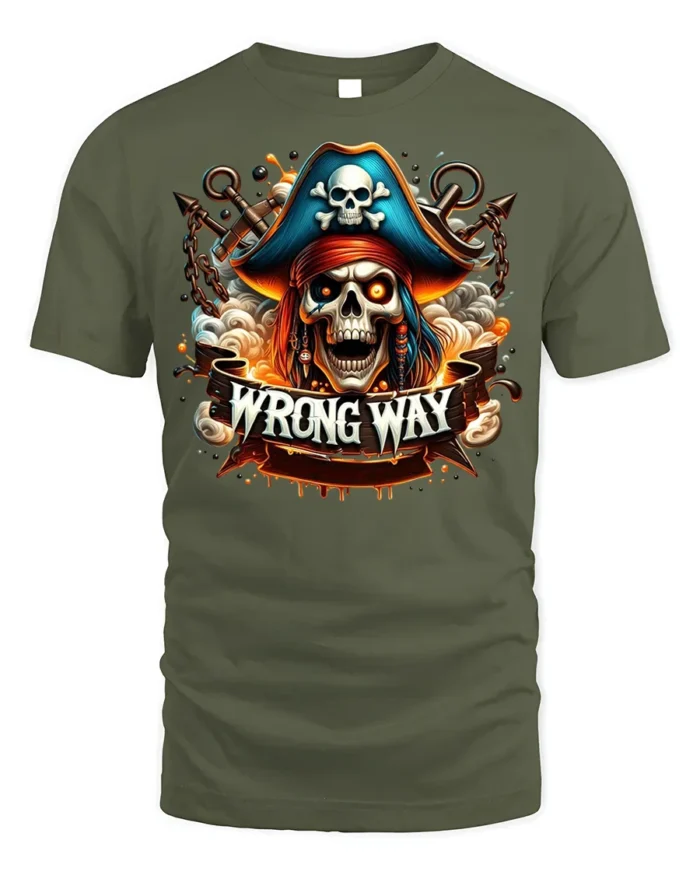 Pirate Skull Wrong Way Fiery Chains Graphic T-shirt - military green t-shirt on white background
