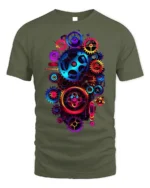 Colorful Steampunk Gears Mechanical Art T-shirt - military green t-shirt on white background
