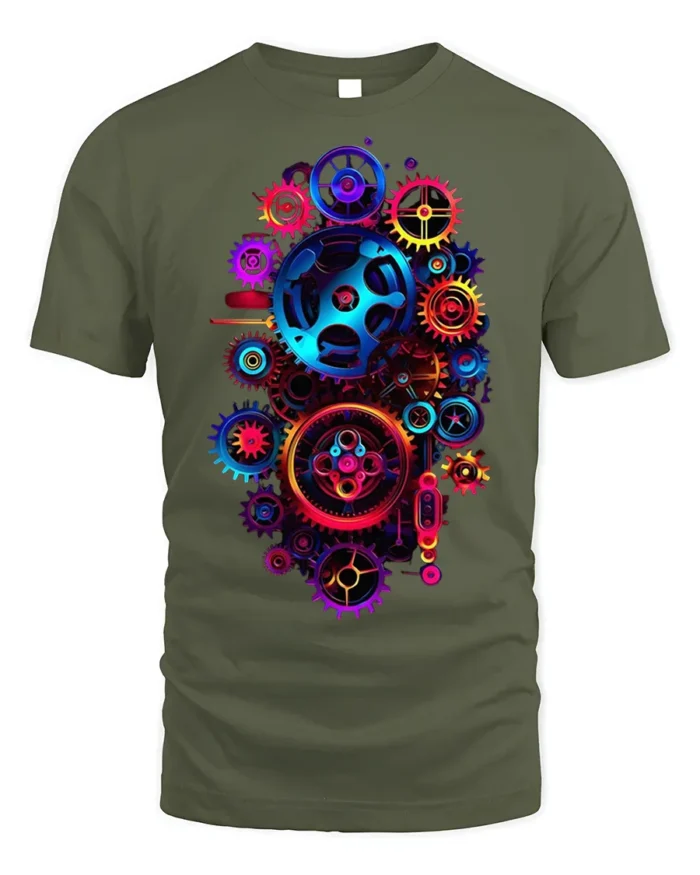 Colorful Steampunk Gears Mechanical Art T-shirt - military green t-shirt on white background