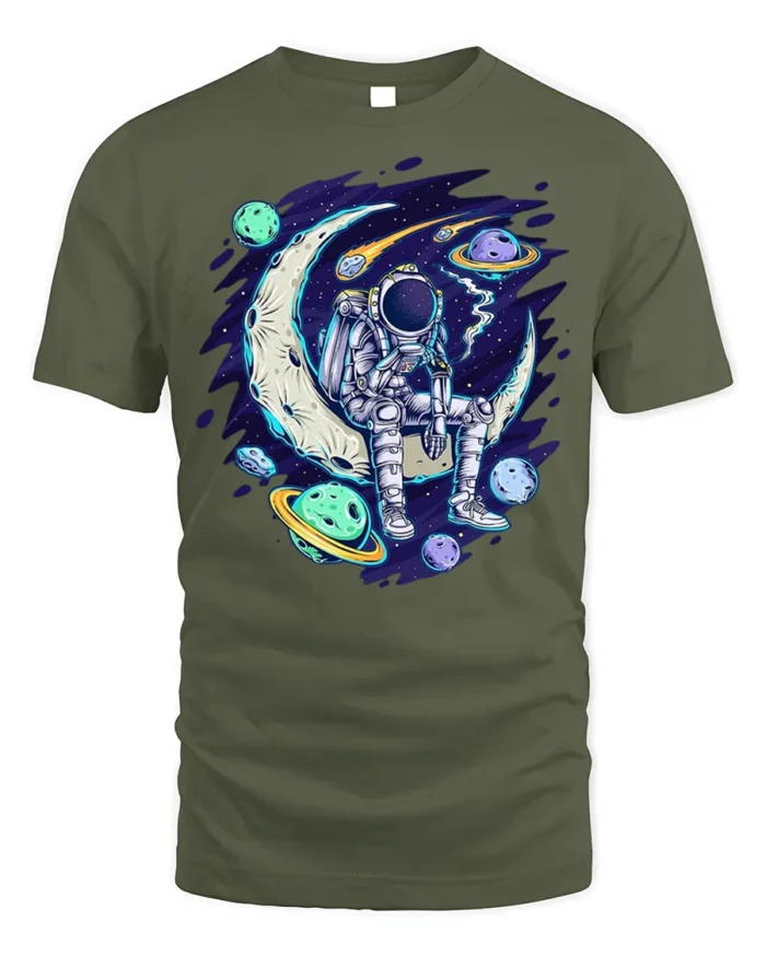 Astronaut Sitting on Moon Space Planets T-shirt - military green t-shirt on white background