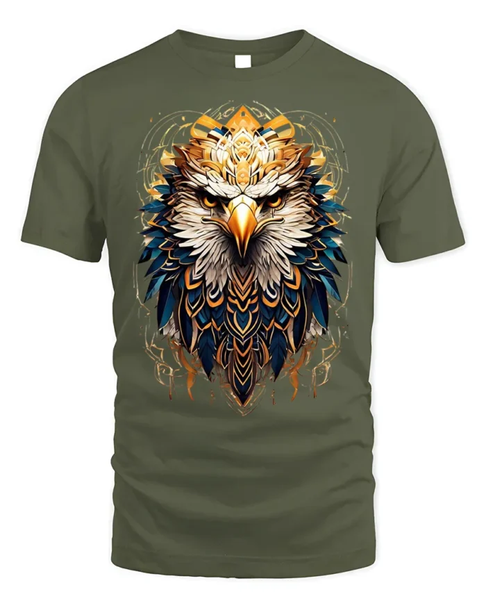 Fierce Eagle Head Tribal Feathers Art T-shirt - military green t-shirt on white background