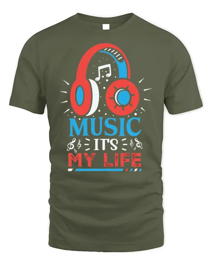 Music It’s My Life Headphones Graphic T-shirt - military green t-shirt on white background
