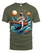 Astronaut Rowing Boat Space Adventure Graphic T-shirt - military green t-shirt on white background