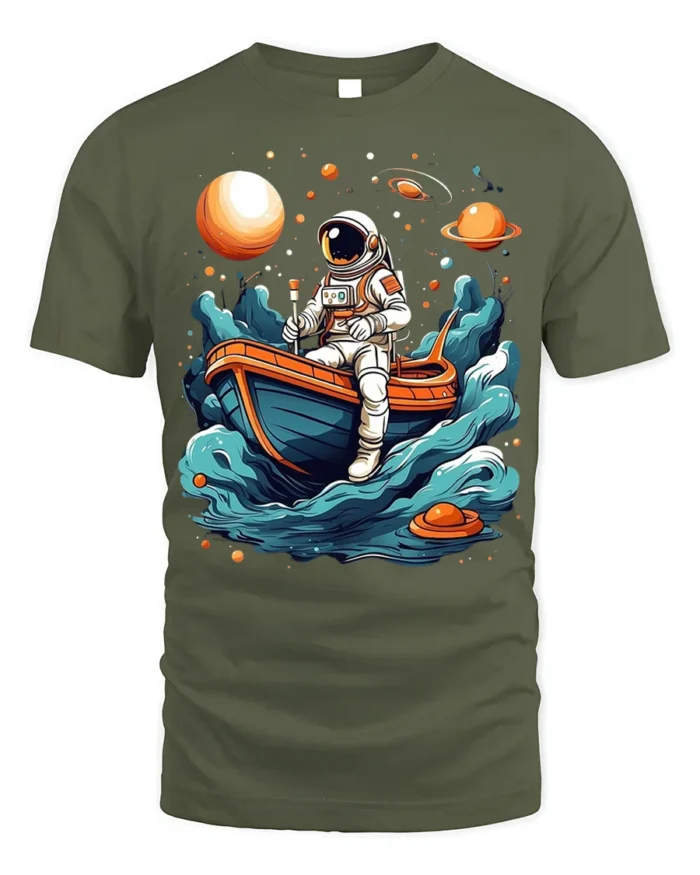 Astronaut Rowing Boat Space Adventure Graphic T-shirt - military green t-shirt on white background