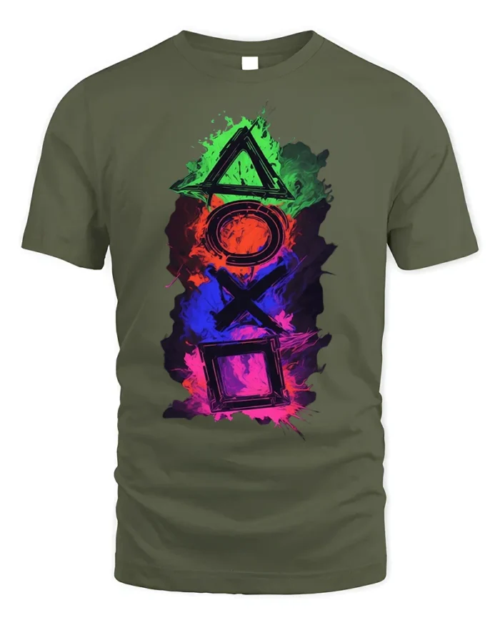 Colorful Gamer Controller Symbols Graphic T-shirt - military green t-shirt on white background