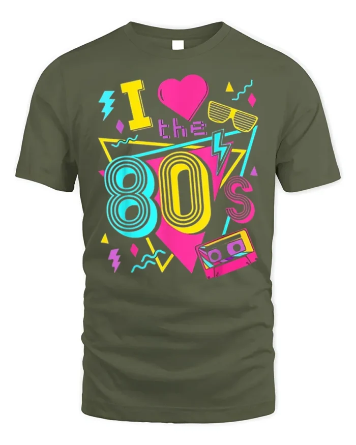 Retro I Love The 80s Neon Cassette Graphic T-shirt - military green t-shirt on white background