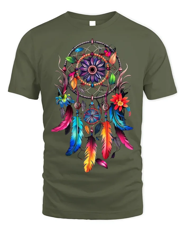 Colorful Dreamcatcher Feathers Floral Graphic T-shirt - military green t-shirt on white background