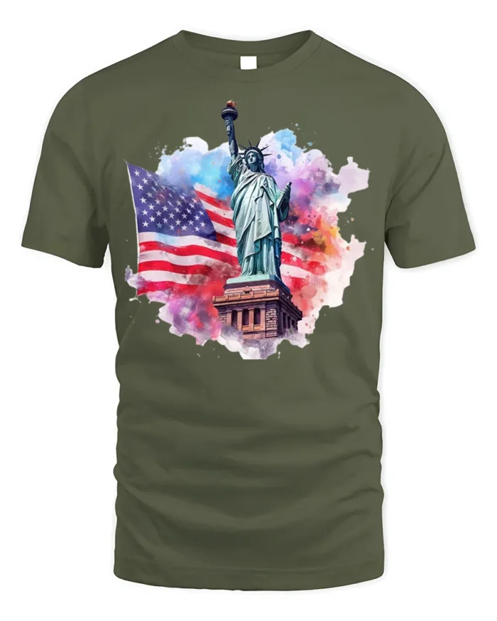 Statue of Liberty American Flag Patriotic T-shirt - military green t-shirt on white background