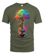 Colorful Coffee Cup Tree Splash Art Graphic T-shirt - military green t-shirt on white background