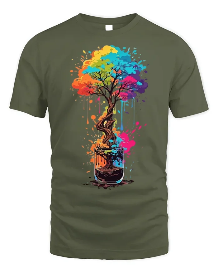 Colorful Coffee Cup Tree Splash Art Graphic T-shirt - military green t-shirt on white background