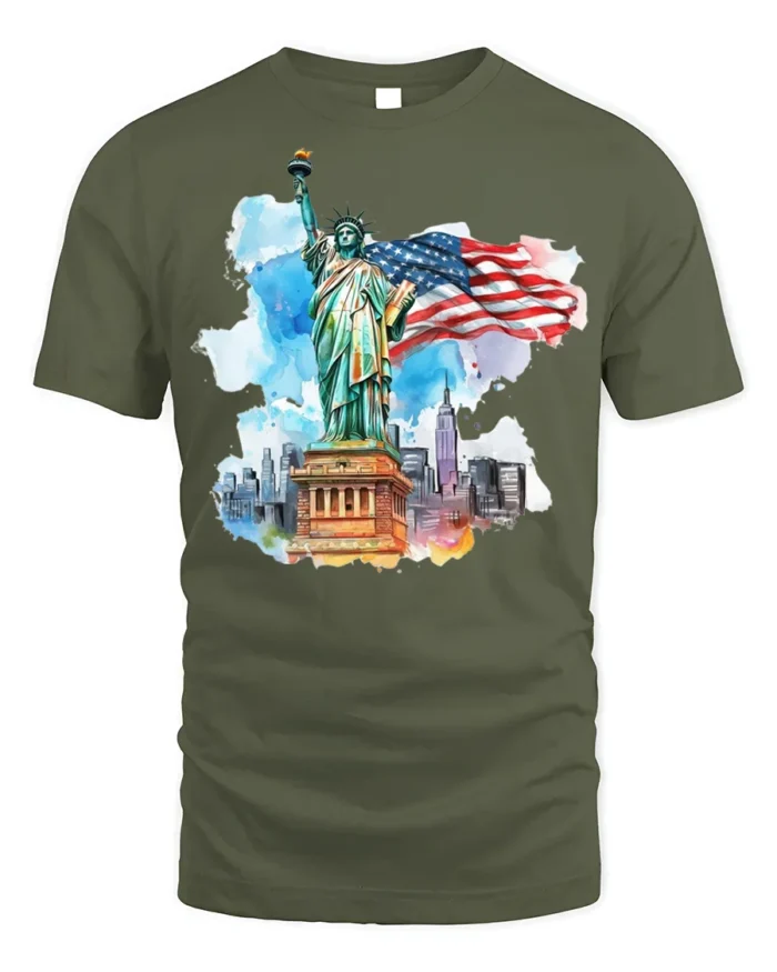 Statue of Liberty NYC Skyline American Flag T-shirt - military green t-shirt on white background