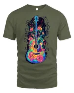 Colorful Guitar with Roses Artistic Music T-shirt - military green t-shirt on white background