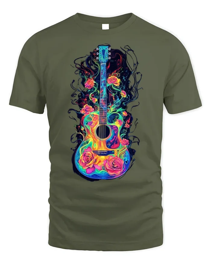 Colorful Guitar with Roses Artistic Music T-shirt - military green t-shirt on white background