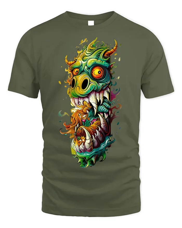 Psychedelic Monster Dragon Fiery Art Graphic T-shirt - military green t-shirt on white background